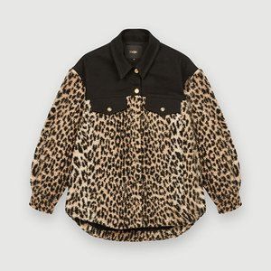Maje Bimaterial Animal Motif Leopard Fleece Jacket